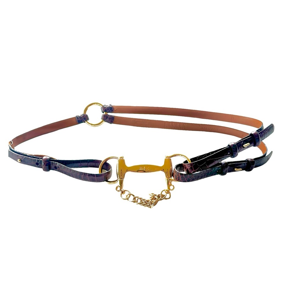 Ralph Lauren 
Leather Double-Strap Belt with Gold Bit and Chain Detail - Brown